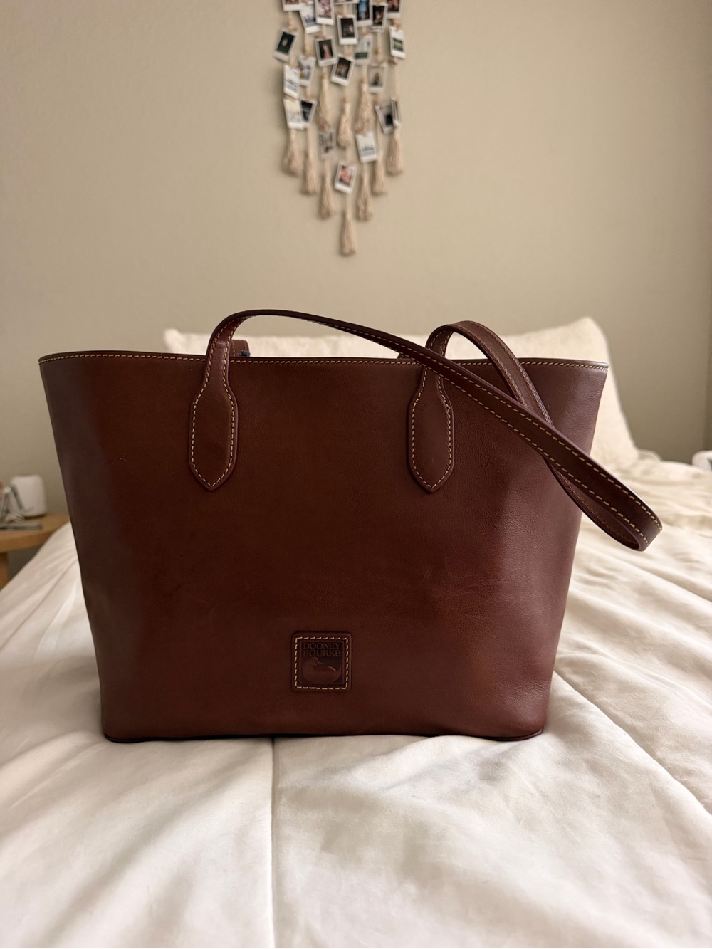 Brown Leather Tote with Contrast Stitching